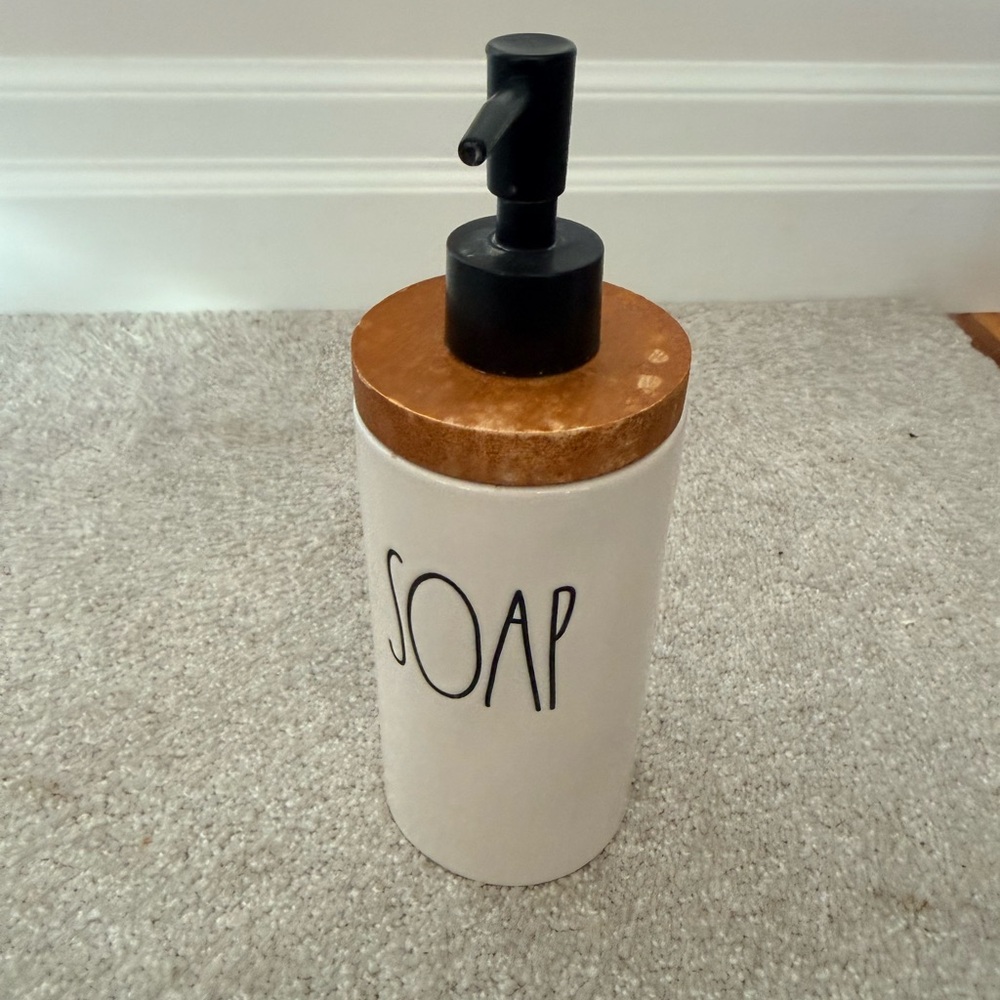 Rae Dunn Ceramic SOAP Pump Dispenser with Wood Lid
